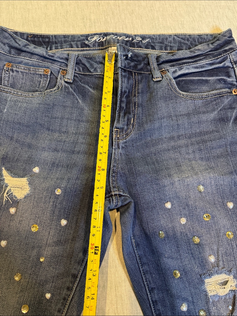 Forever 21 Dark Blue Distressed Boyfriend Jeans with Stud Accents - Picture 6 of 12